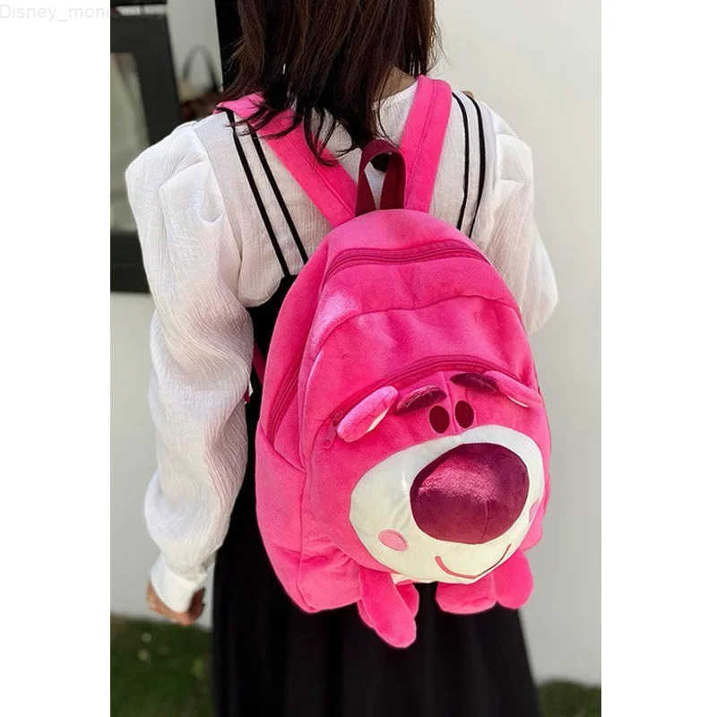 Disney Cartoon Pink Strawberry Bear Backpack Student Cute Large Capacity Plush Backpack Childrens Daily Travel Portable H251212