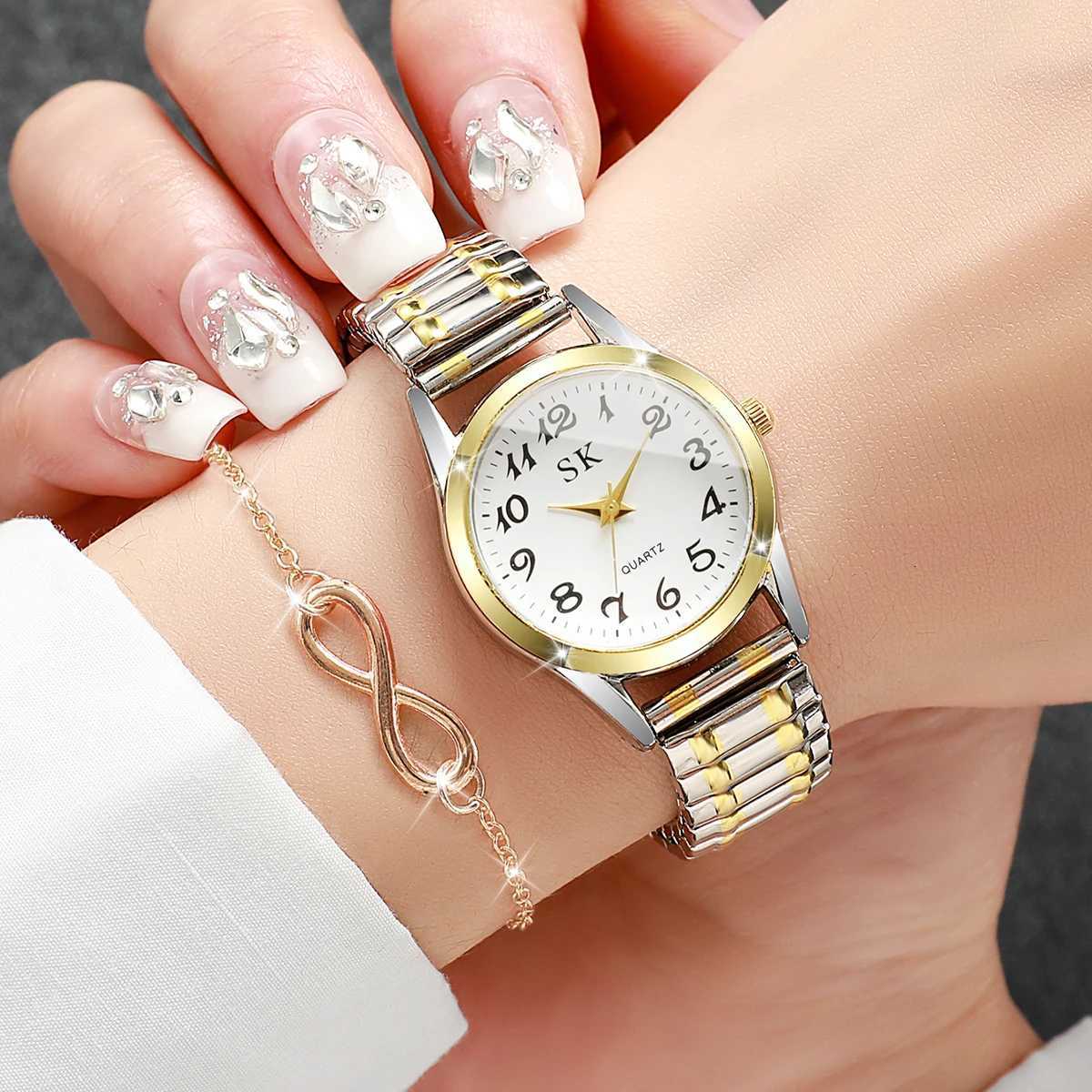 2PCS/Set Fashion Elastic Strap Women Watches Ladies Arabic Dial Quartz Wristwatches Bracelet Set Reloj MujerWithout Box Y251212