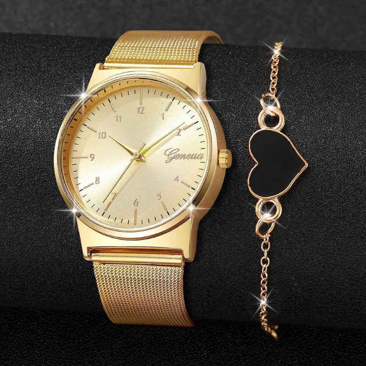2PCS/Set Fashion Arabic Dial Women Watches Ladies Mesh Band Quartz Wristwatch Heart Bracelet Set Reloj MujerWithout Box Y251212