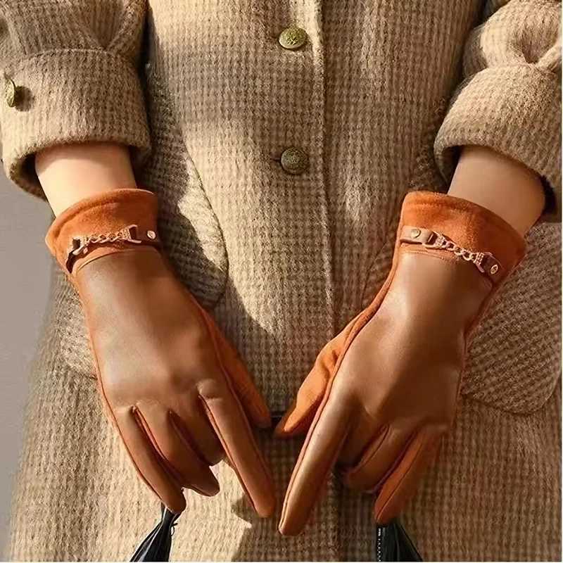 Winter Korean Elegant Synthetic Leather Gloves for Women Waterproof Fleece Lining Warm Touch Screen Waterproof Windproof Gloves Y251211