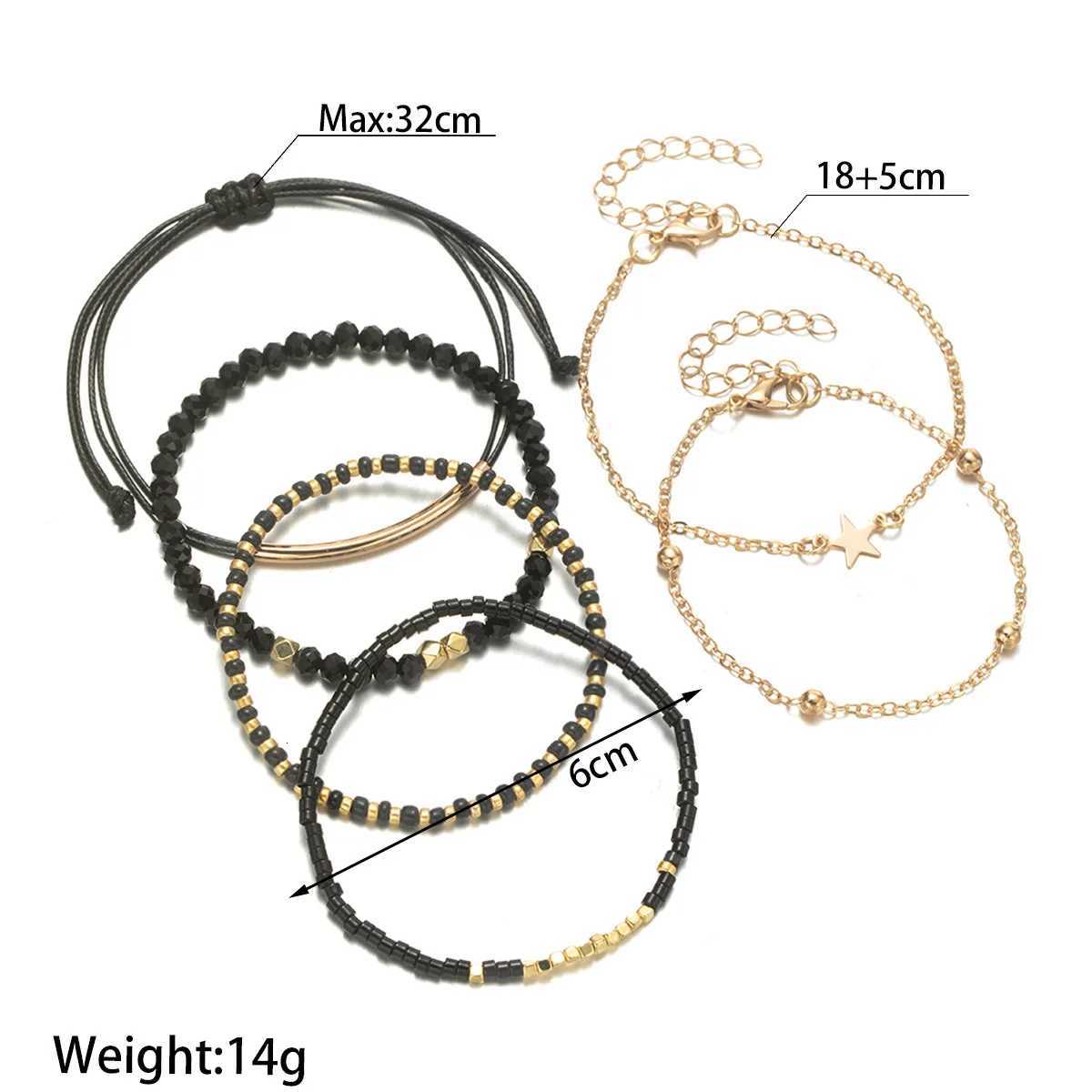 6Pcs Black Beads Chain Set For Women Gold Color Star Charm Elastic Bangle Female Fashion Jewelry Gift M251213