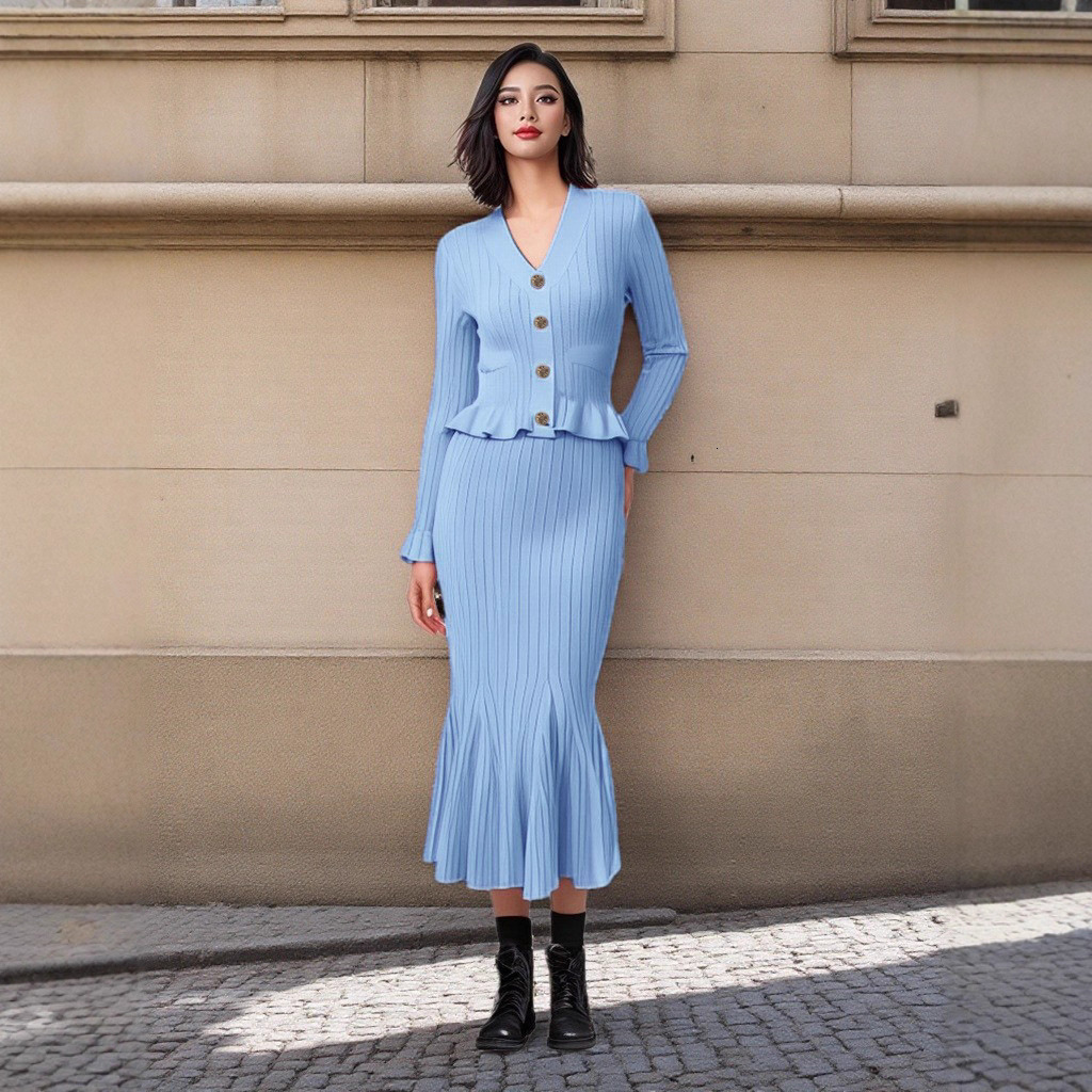 French V-neck Ruffled Long Sleeve Cardigan Bodycon Mermaid Long Dress Stretch Knit Two-piece Set for Women