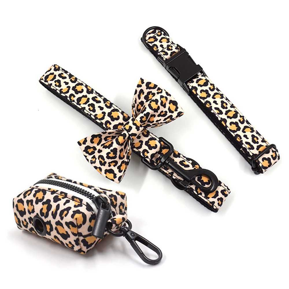 Brown Leopard Dog Harness for Boy Dogs Custom Engraving Pet Collar and Leash Set with Removable Bow Poop Bag Luxury Pet Supplies M251213