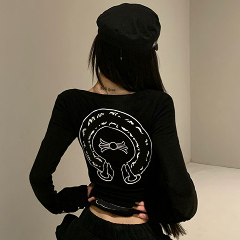 Women's T-Shirt Chrome Womens Tops T-Shirt Regular Cropped Cotton Long Sleeve Female Femme Knits Tees Designer Print Knitted