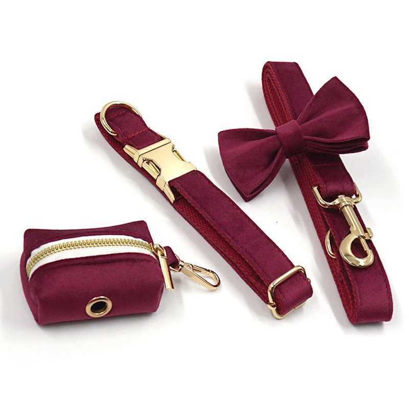 Burgundy Velvet Dog Collar Personalized Thicken Metal Buckle Pet Harness Bow Tie Collar Leash Set with Poop Bag Luxury Dog Gift M251213