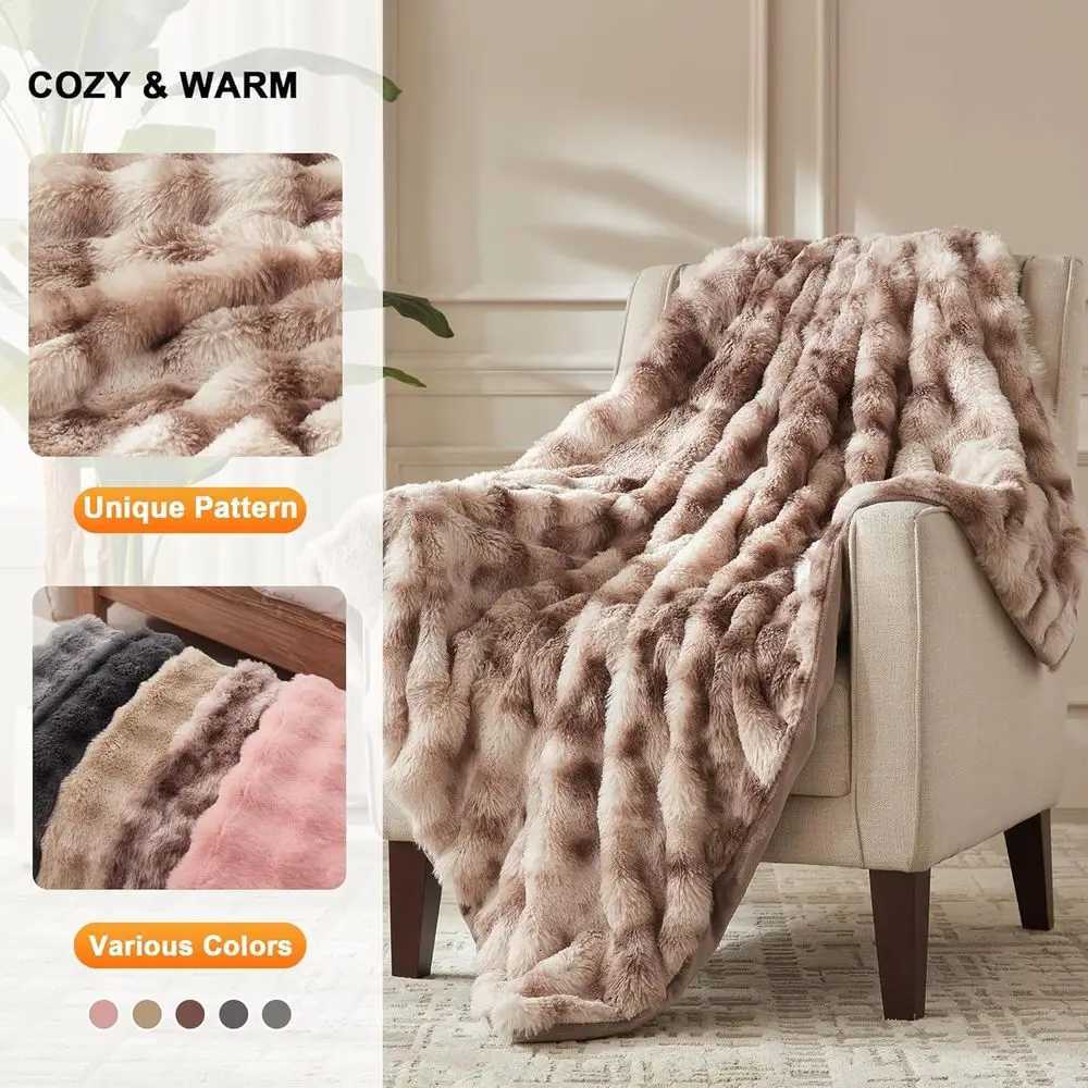 Twin Size Plush Bubble Faux Fur Electric Blanket with 6 Heat Settings and 10-Hour Auto-Off 62x84 Patterned Taupe Y251212