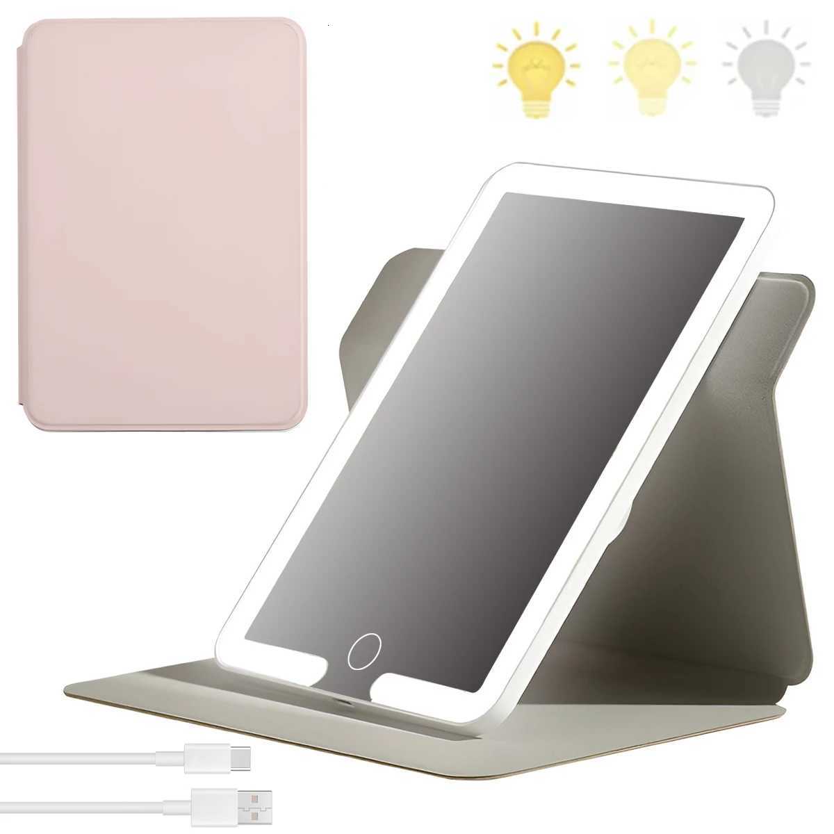 LED Foldable Travel Makeup Mirror 3 Colors Light Modes USB Rechargeable Touch Screen Portable Tabletop Cosmetic Mirror WhiteT251213