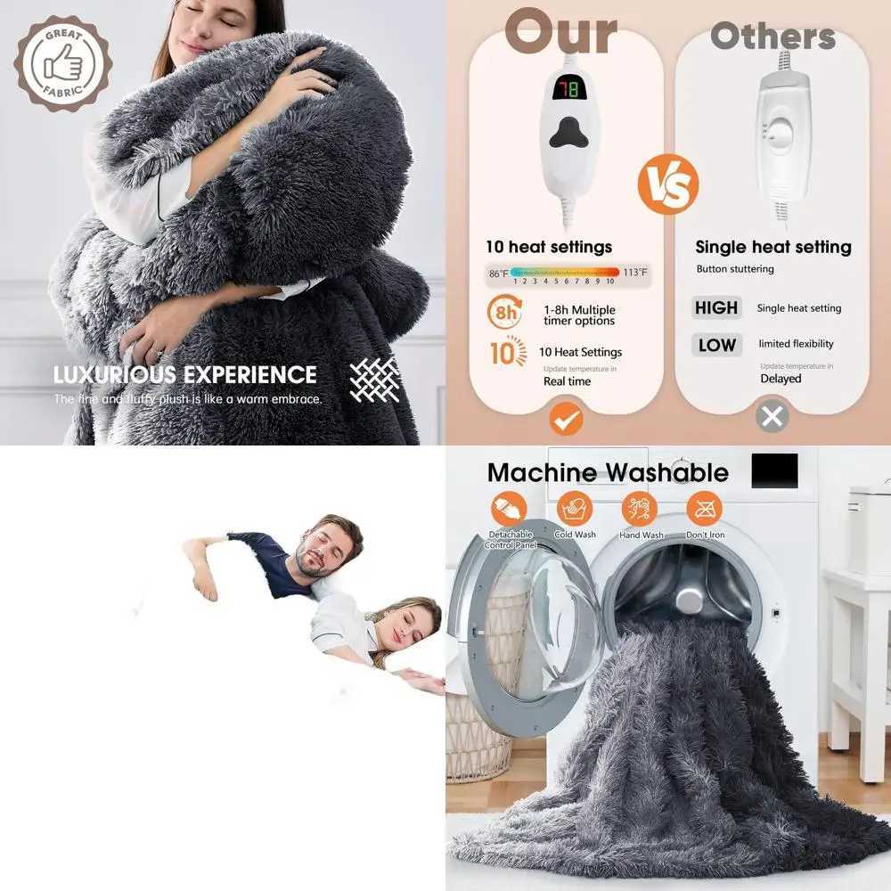 Queen Size Faux Fur Electric Blanket with Sherpa Dual Controls 10 Heat 5 Timer Settings 84x90 Inches Warm Winter Gift Y251212