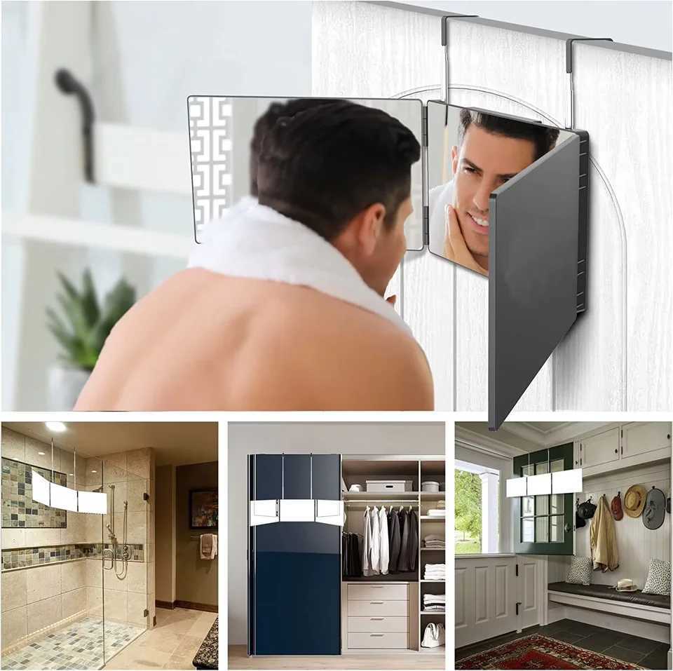 Black Portable 360 Trifold Mirror with Height Adjustable Telescoping Hooks Ideal for Self Hair Cutting Makeup Essential FordableT251213