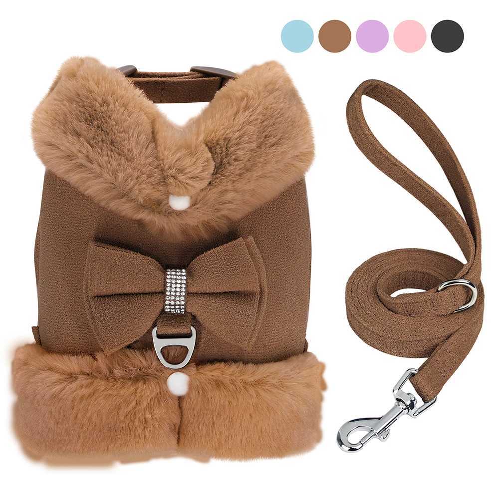 Soft Warm Dog Vest Harness and Leash Set Cute Bowknot Pet Winter Clothes Vest Warm Fur Small Dog Clothing French Bulldog Pink M251213