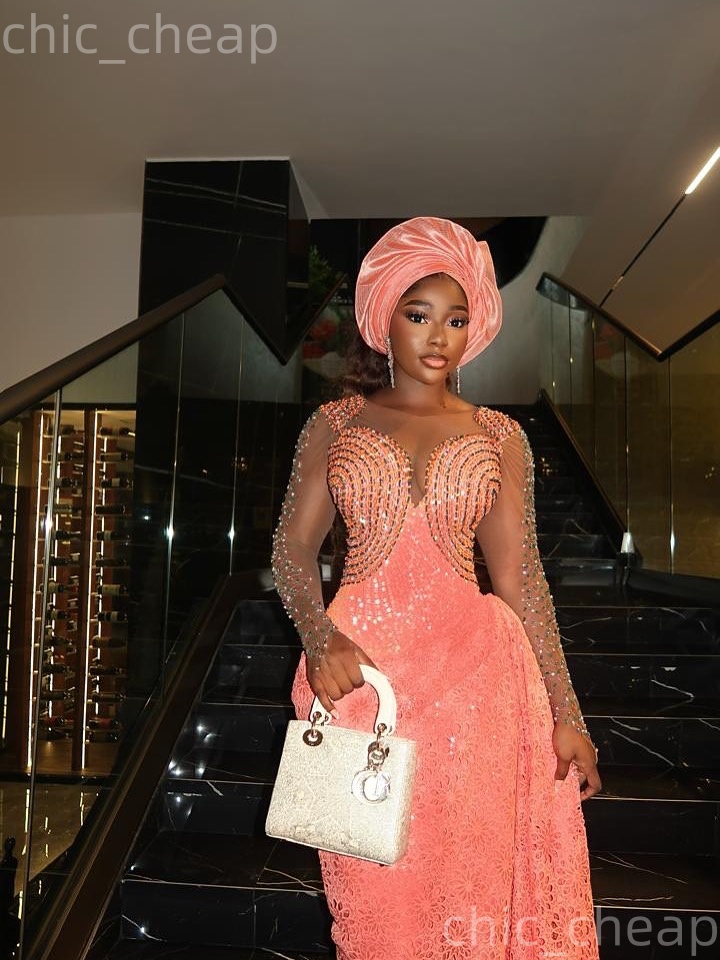 Aso Ebi Blush Pink Sheath Prom Dresses 2026 Lace Crystals Sheer Neck Evening Formal Party Second Birthday Engagement Gowns Plus Size Dress For Special