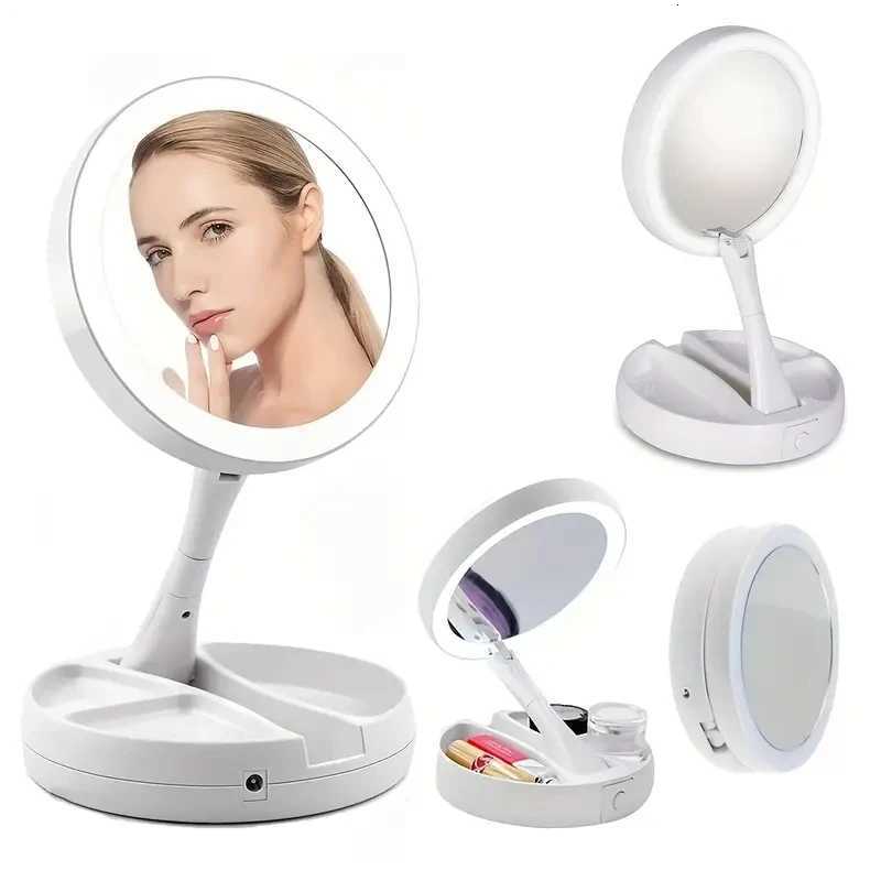 Double-Sided Travel LED Makeup Mirror with 10X Magnification Folding Portable Cosmetic Mirror with Lights Dual Powered SupplyT251213