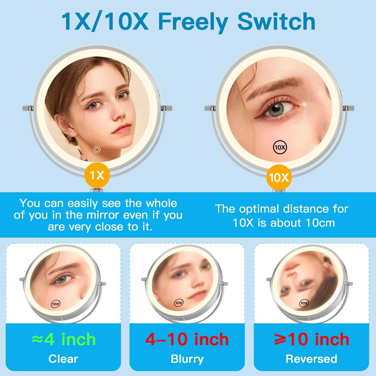8 Inch Makeup Mirror With Light Lamp 10X Magnification 3 Color LightsAdjustable Brightness Height Standing Cosmetic MirrorT251213