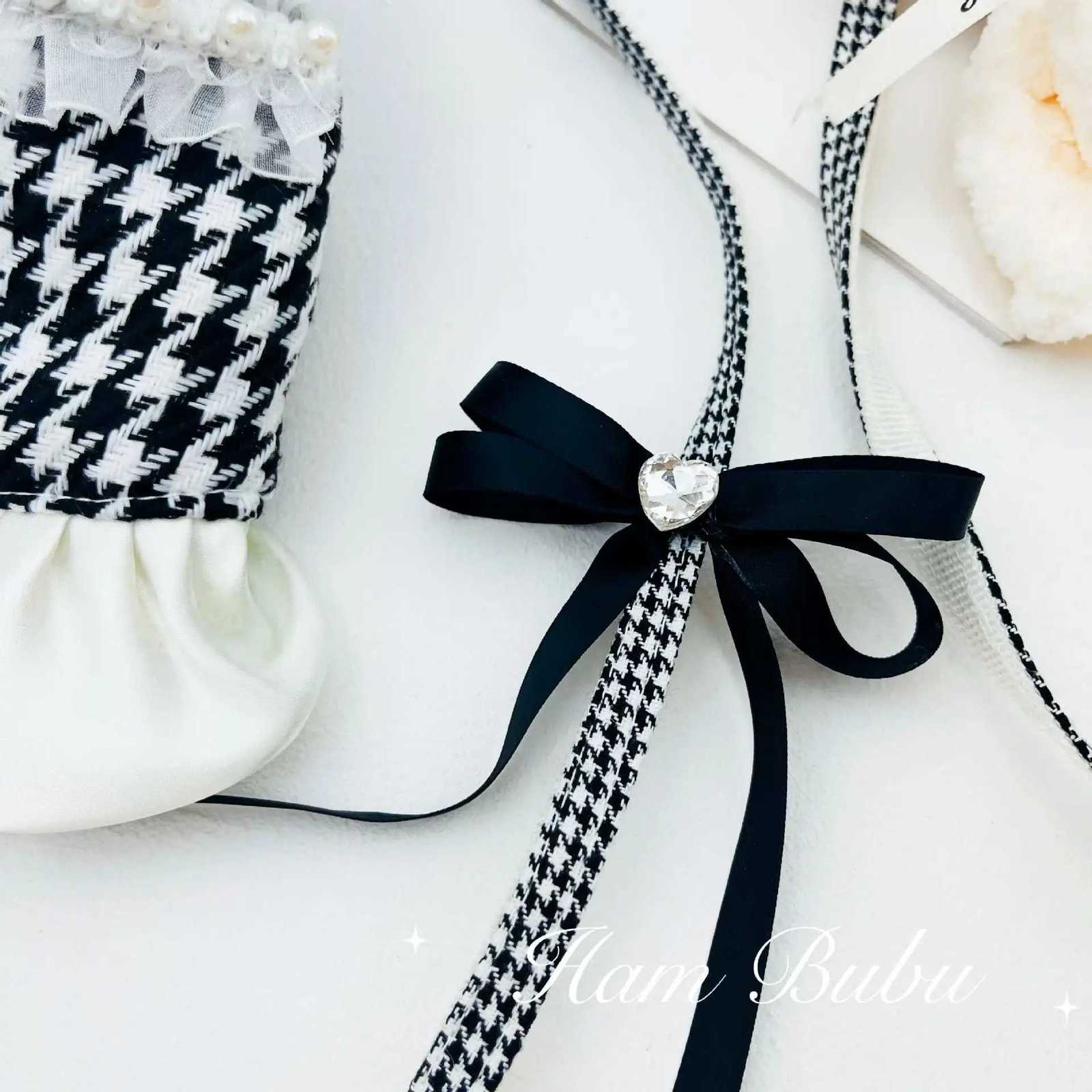 Pet Autumn/Winter Checkered Coat Pearl Skirt Drawstring Teddy Dog Harness and Leash Set Dog Accessories for Small Dogs M251213