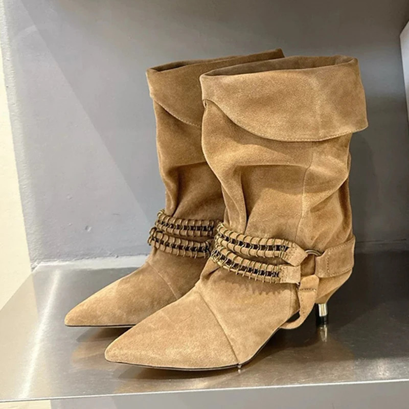 Liyke Fashion Chain Metal Buckle Mid Calf Boots Woman Vintage Pointed Toe Strange Low Thin Heel Autumn Winter Ladies Shoe 251212