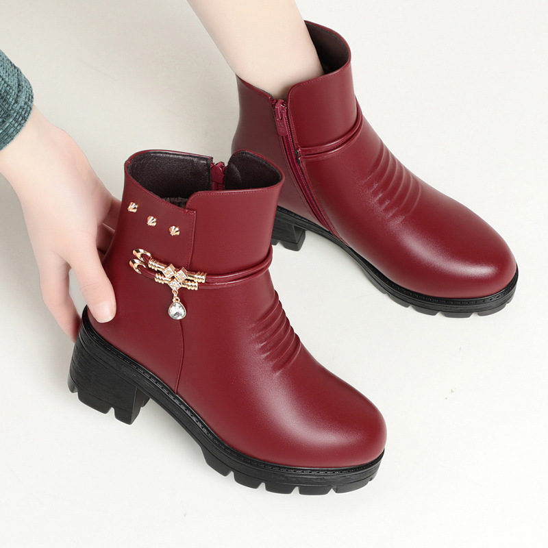 Free Shipping 2025 Genuine Soft Leather Women's Winter Boots, Plush Lined Chunky Mid Heel Thermal Ankle Boots Comfortable & Warm