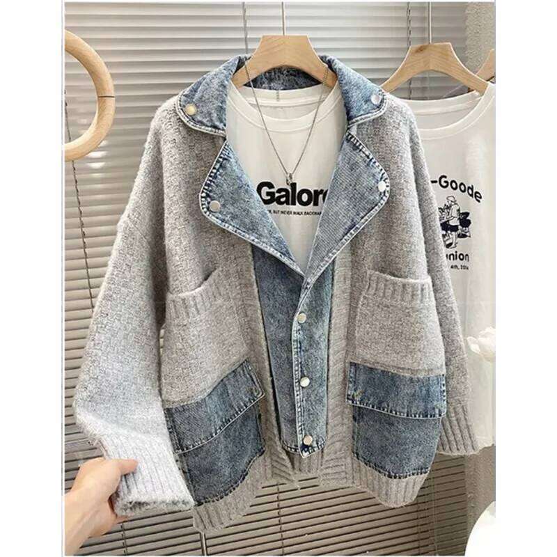 Autumn Winter Retro Personality Stitching Denim Lazy Wind Knitted Sweater Cardigan Fashion Tide Comfortable Jacket
