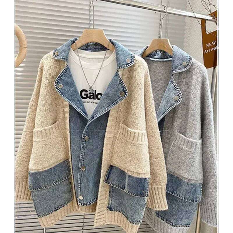 Autumn Winter Retro Personality Stitching Denim Lazy Wind Knitted Sweater Cardigan Fashion Tide Comfortable Jacket