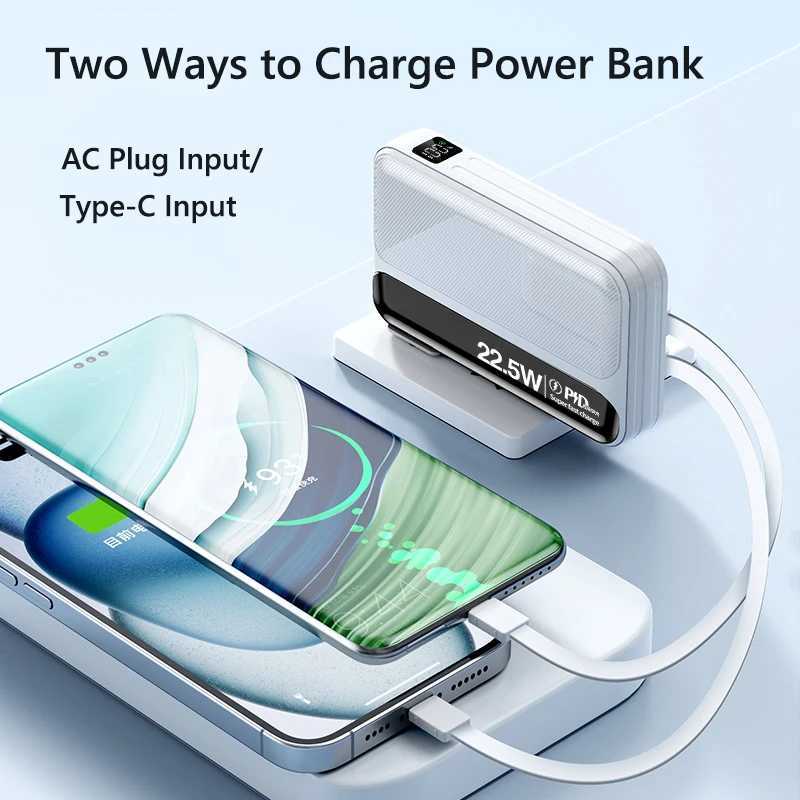 Power Bank 20000mAh Built Cables Plug Wall Charger 225W Fast Charging Powerbank for iPhone 16 X External Battery H251213