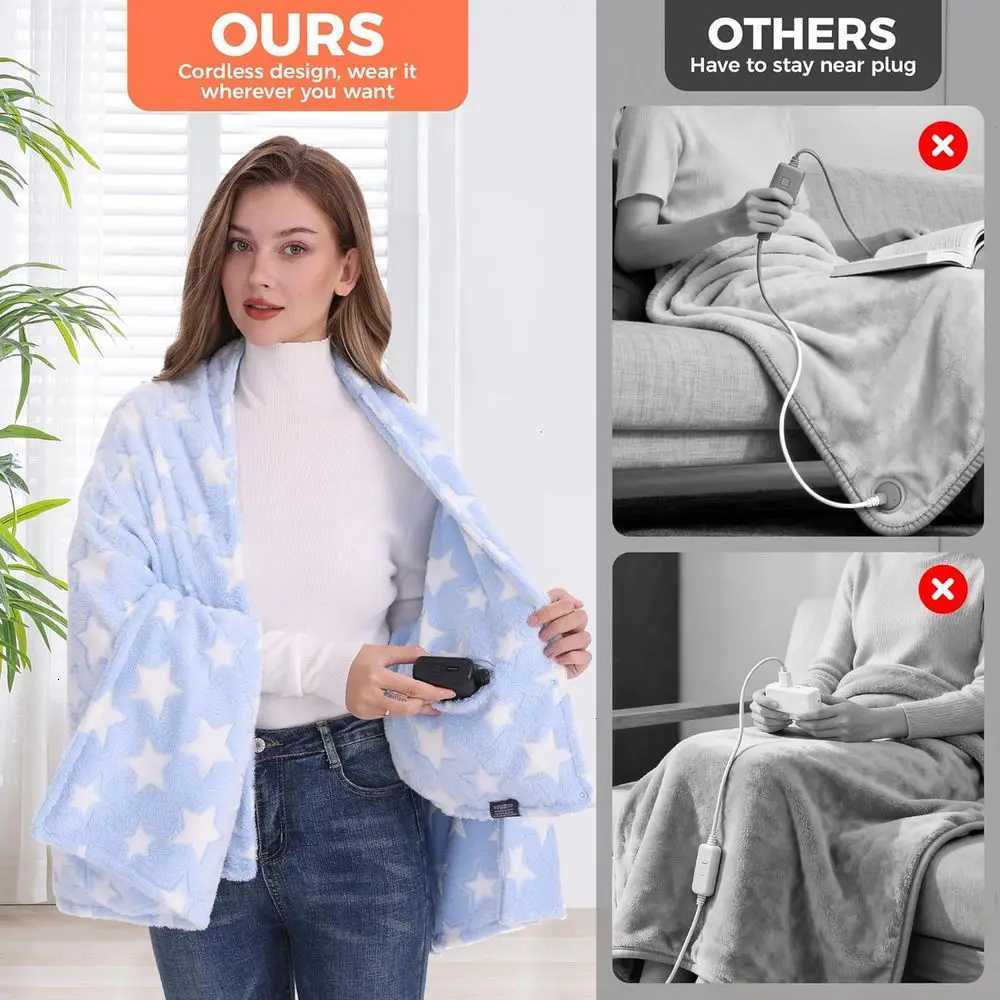 Portable Cordless Electric Heated Blanket 20000mAh Battery 3 Heating Levels 59x355 Blue Y251212