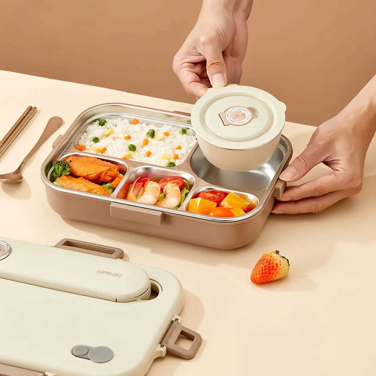 WORTHBUY 1500ML 304 Stainless Steel Divided Lunch Box With Bowl Cutlery Microwave Students Portable Large Capacity Bento Box H251213