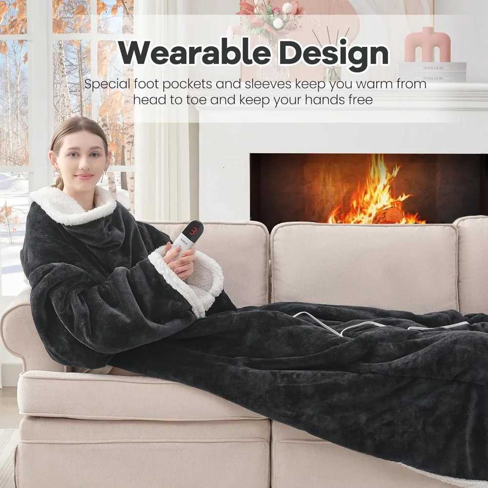 Wearable Electric Heated Blanket with Foot Pocket Sleeves 6 Heat Levels Auto Shut Off Machine Washable Y251212