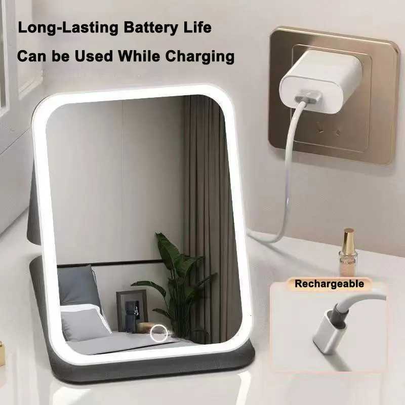 3 Colors LED Vanity Mirror with Leather Touch Screen USB Rechargeable 3 Brightness Dimming Makeup Mirror FoldableT251213