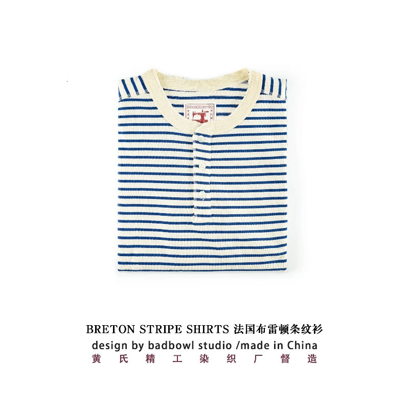 Classic American Retro Blue and White Sea Soul T-shirt Heavy duty All Cotton Striped Men Henry Collar Casual Long Sleeve T-shirt 251211