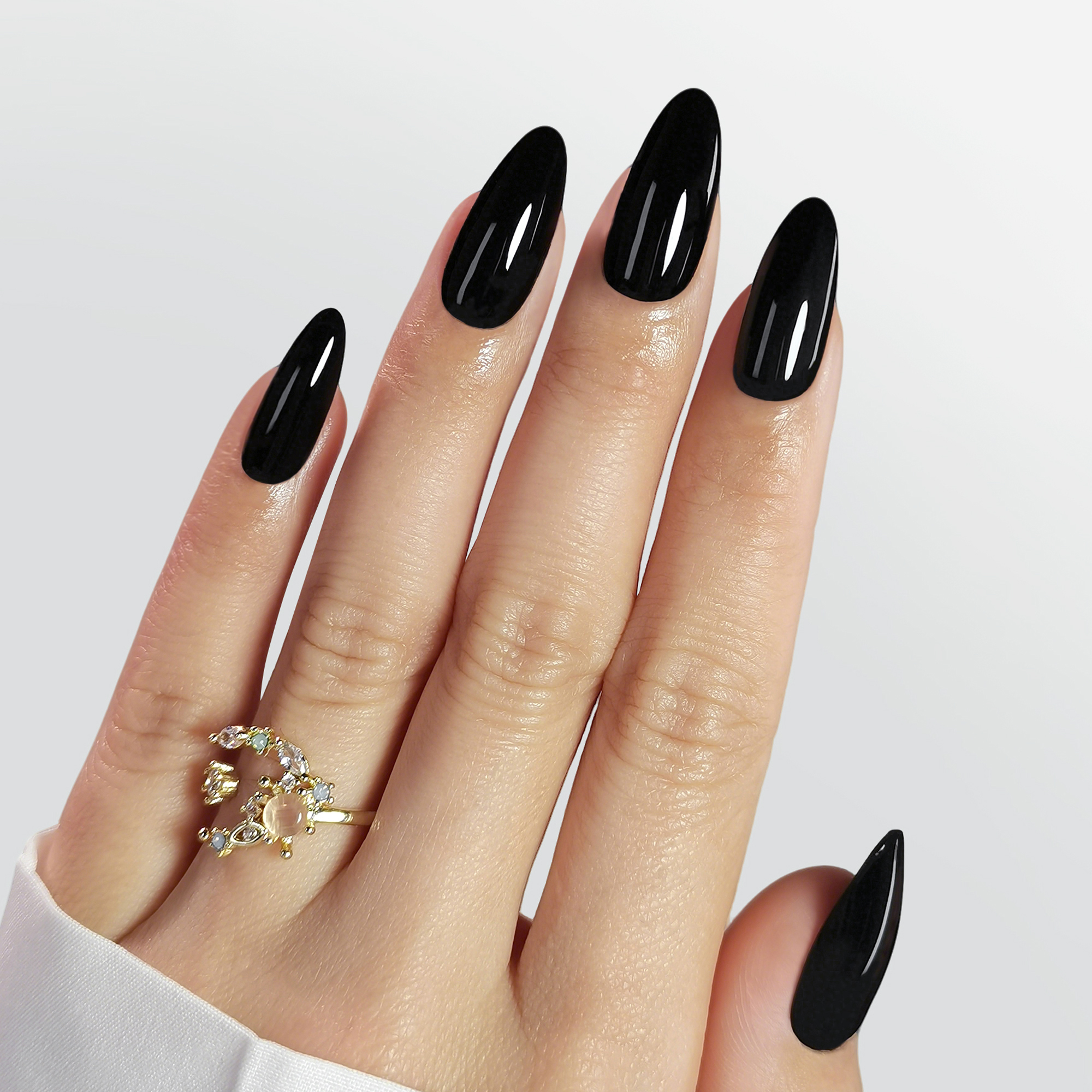 Almond Mid-length Black Fake Nail Solid Color Press on Nails Simple Full Cover Artificial Nail For Girls Nail Extension 32Pcs