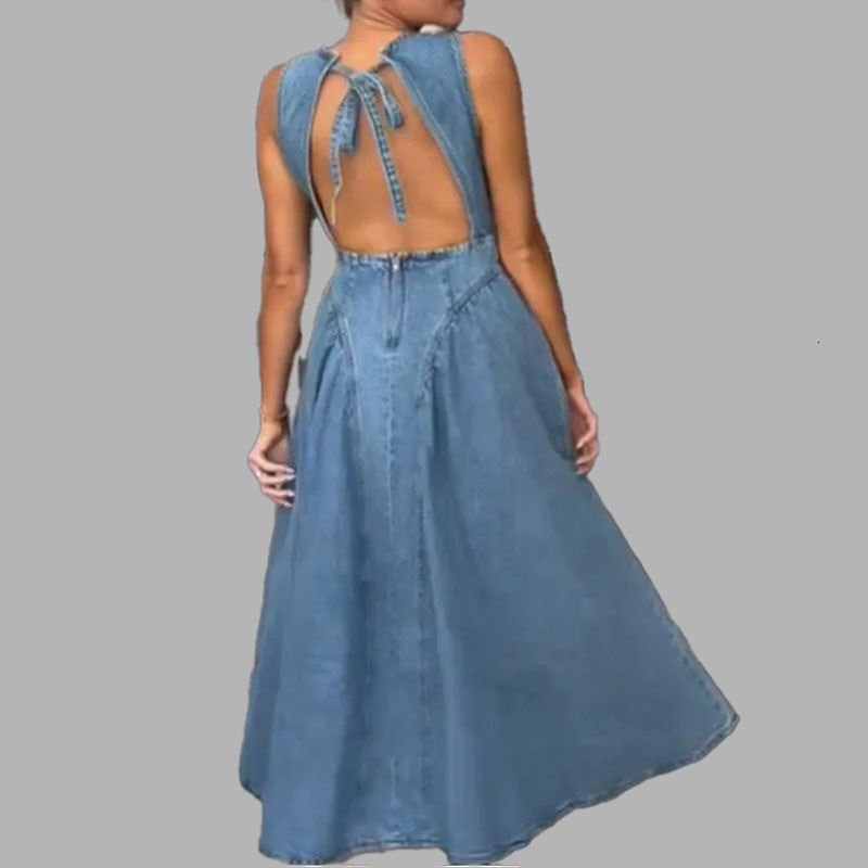 2025 Summer Solid Color Fashion Round Neck MidLength WaistCinching Sleeveless Vest Dress for Women 250526