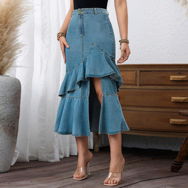 Lady Long Denim Skirt High Waist Gradient Tassel Jeans Trumpet Cool Fish Tail Mermaid Bohemian Maxi Skirts mermaid skirts female 210608