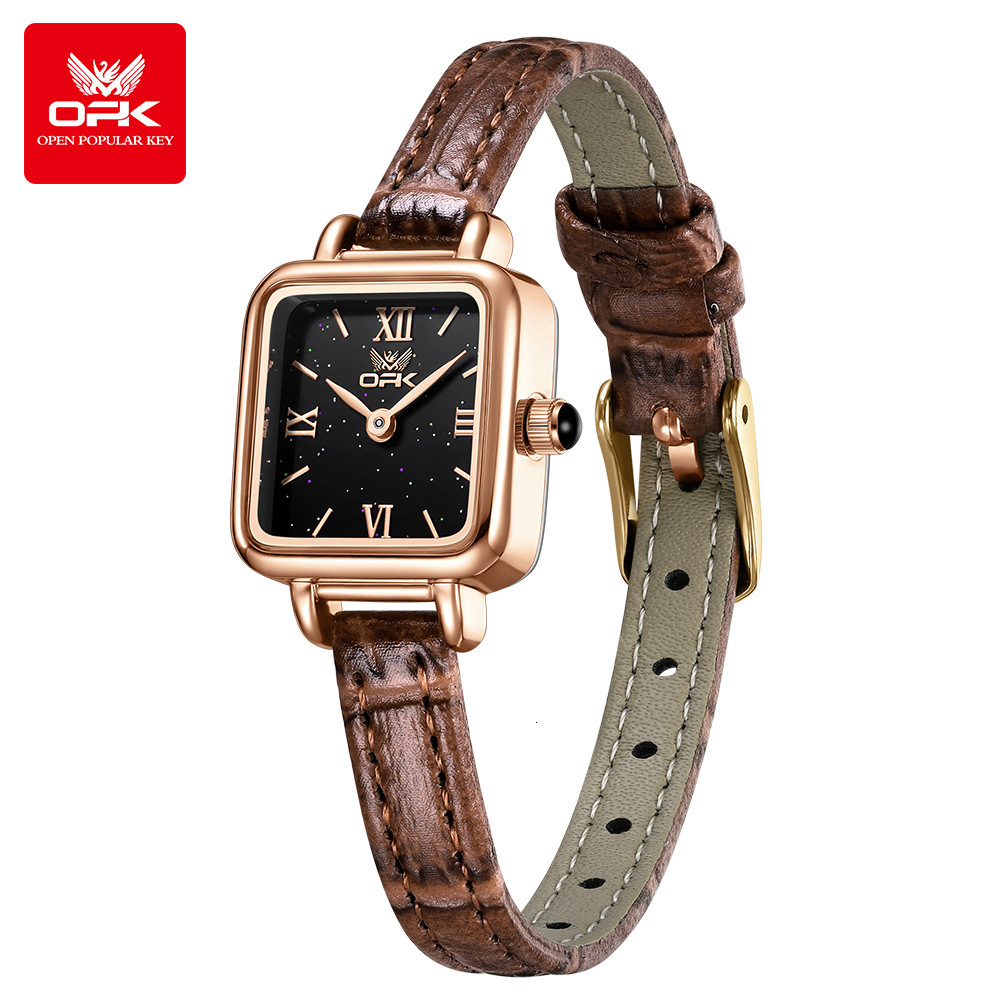 OPK Designer Women's Watch Square Starlight Dial Elegant Women's Watch, Small Brown Watch, Korean Style Waterproof Quartz Women's Watch