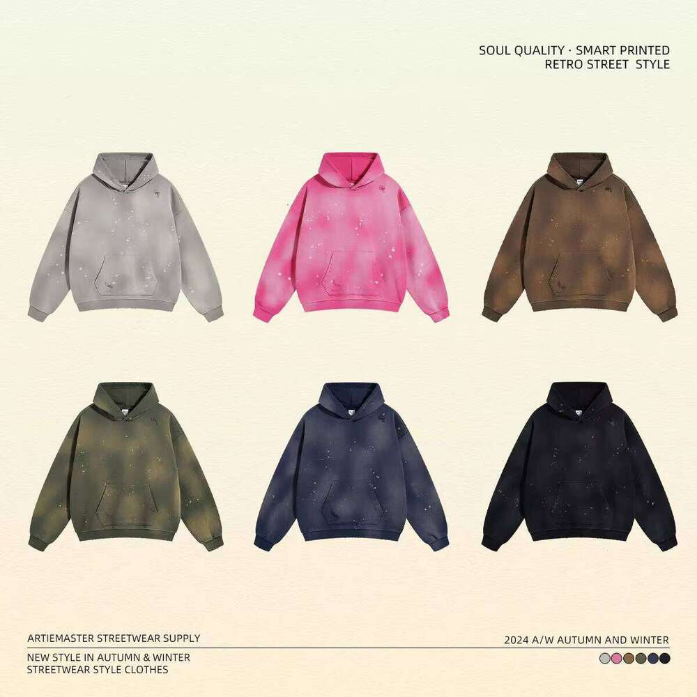 High Quality 420g Spray Dyeing Splash Ink Tear Distressed Hoodie Men's Street Retro Unisex Hoodies