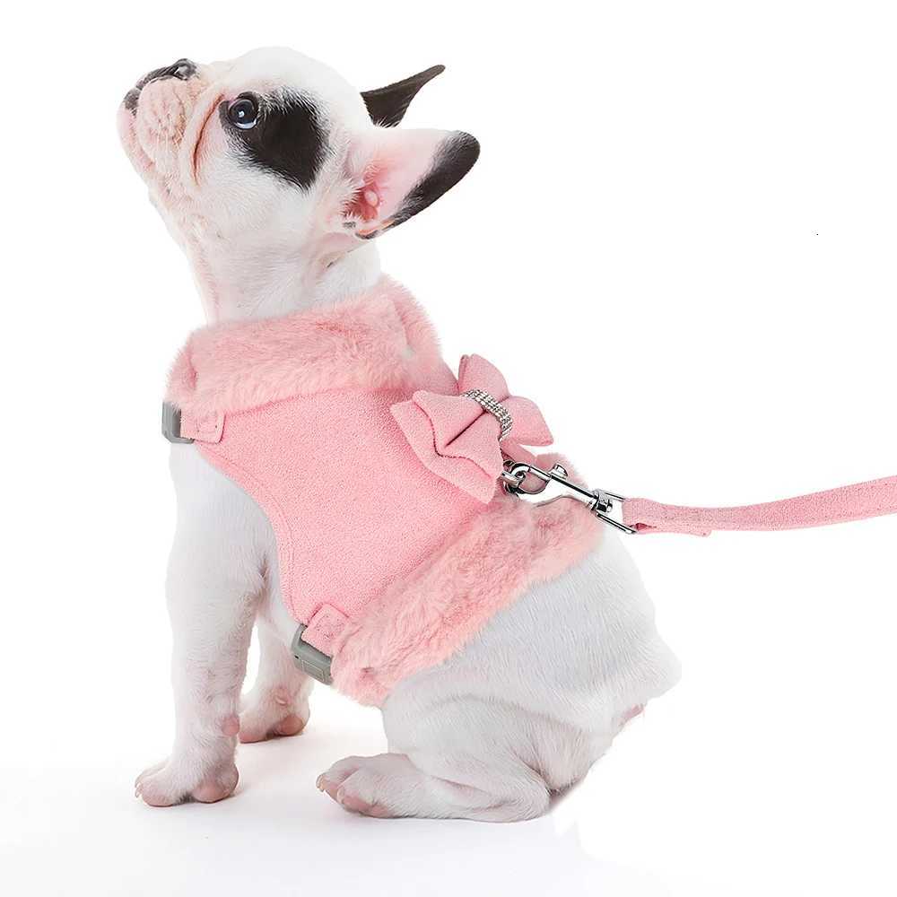 Soft Warm Dog Vest Harness and Leash Set Cute Bowknot Pet Winter Clothes Vest Warm Fur Small Dog Clothing French Bulldog Pink M251213