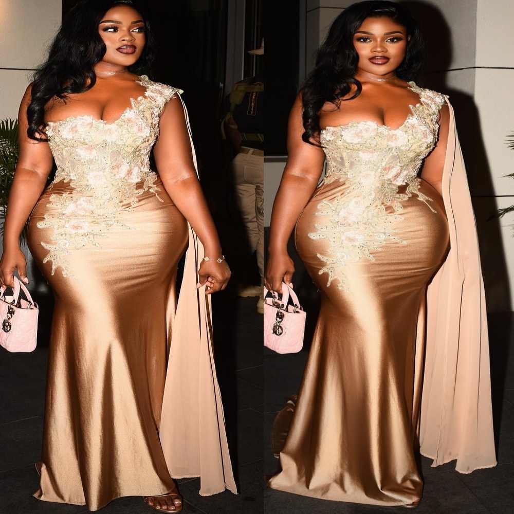 Aso Ebi Champagne Mermaid Prom Dresses 2026 One Shoulder Lace Satin Evening Formal Party Second Birthday Engagement Gowns Plus Size Dress For Special 