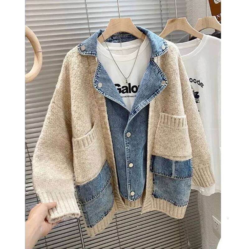 Autumn Winter Retro Personality Stitching Denim Lazy Wind Knitted Sweater Cardigan Fashion Tide Comfortable Jacket