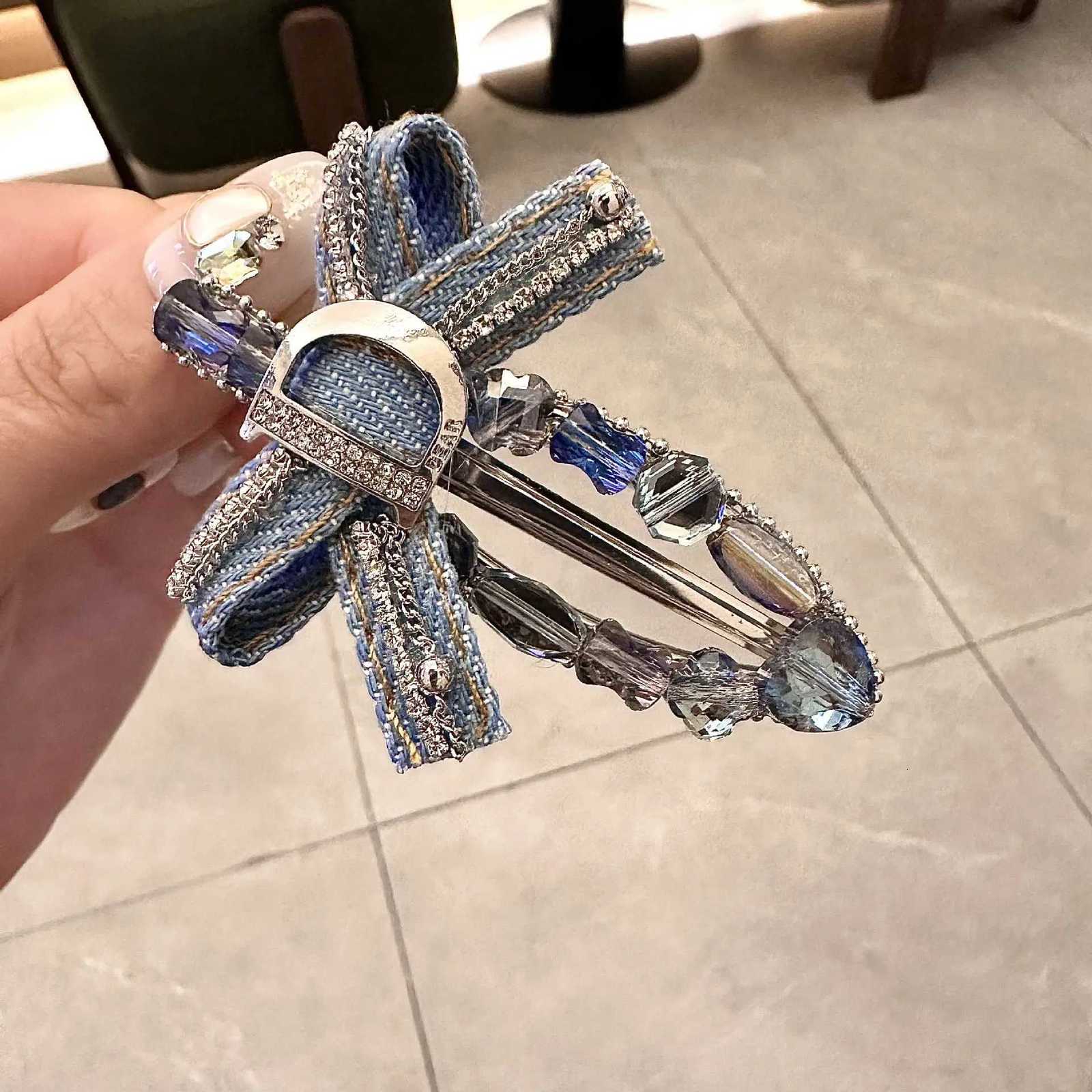 Shiny Diamond Denim Crystal Hair Clips Spring Clips Popular Blue Gemstone Crown Rhinestone Hairgrips Girl Bangs Clips Headdress Y251213
