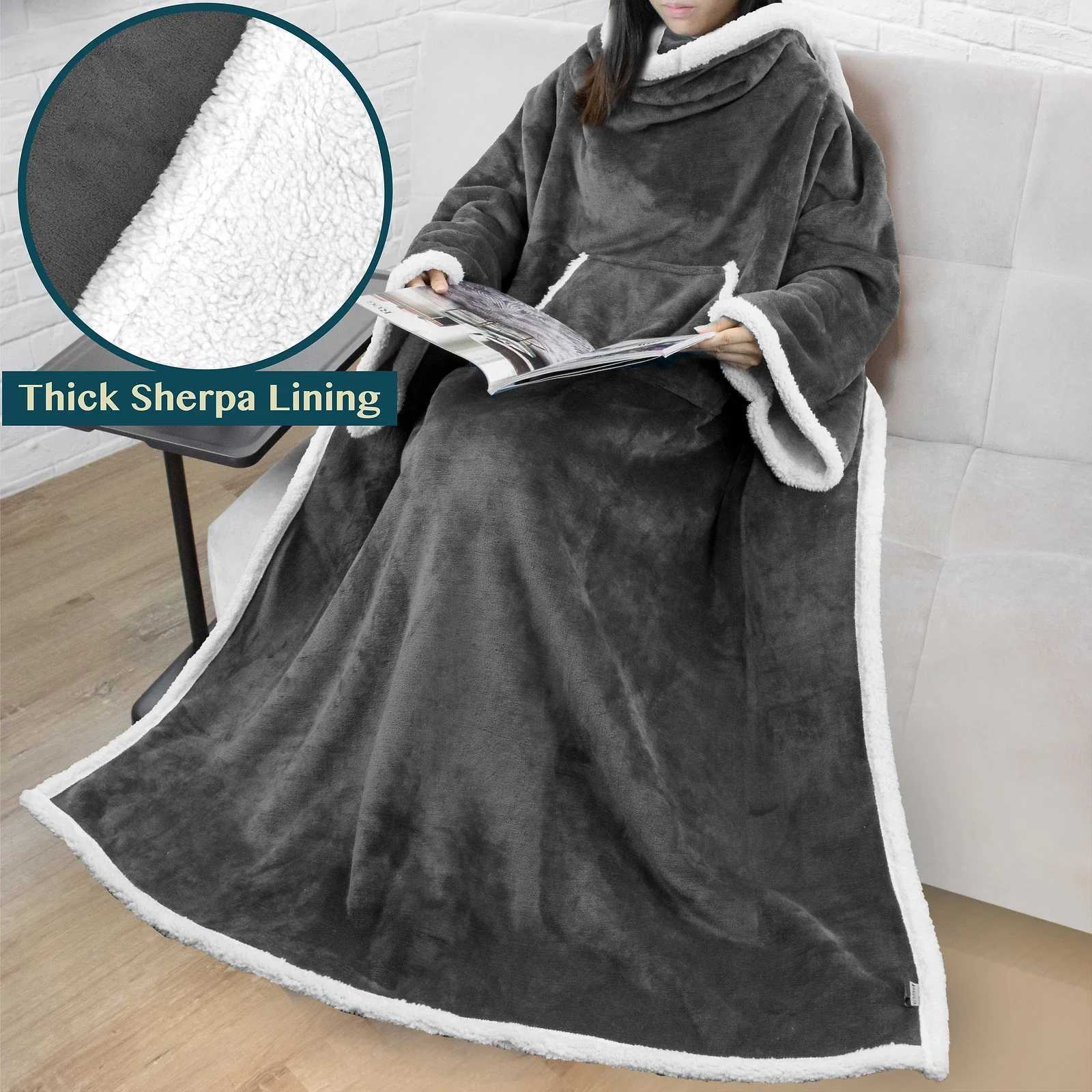 1Pc Large Blanket With Sleeves Comfortable Sleeves Wrapped Around A Long Robe With Pockets Thick And Warm Home Wear Blanket Y251212