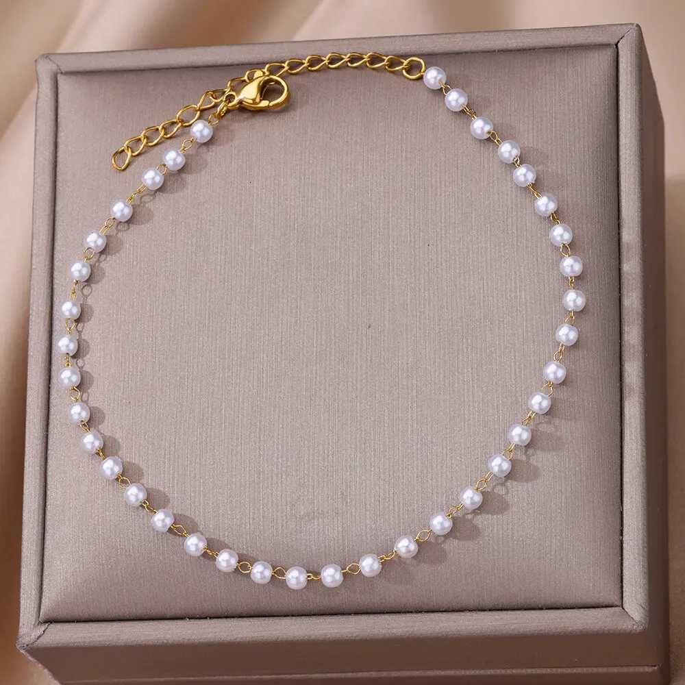 Imitation Pearl Anklets for Women Summer Beach Accessories Stainless Steel Chain Anklet Gold Color Leg s Bodychain Gifts M251213