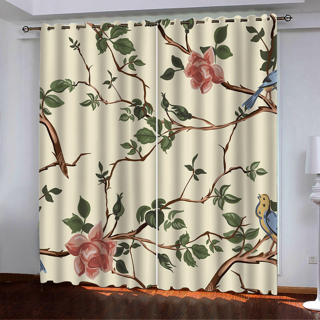YL-37957 Floral and Bird Line Series Curtain Spring 3D Digital Print High-Density Blackout Curtains