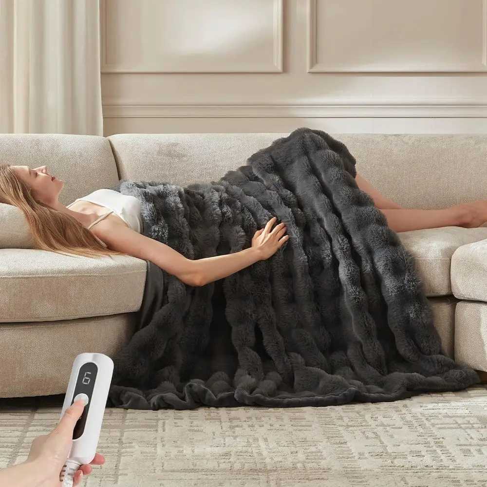 Twin Size Plush Faux Fur Electric Blanket with 6 Heat Levels 10-Hour Auto-Off Machine Washable 62x84 Dark Grey Y251212