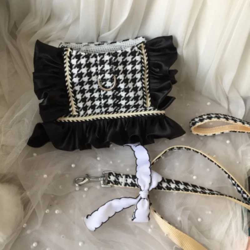 Pet Plaid Chest Back Traction Rope Bow Ruffles Chest Back Strap Dog Outgoing Chest Back Clothes Small Medium Dog Cat Harness M251213