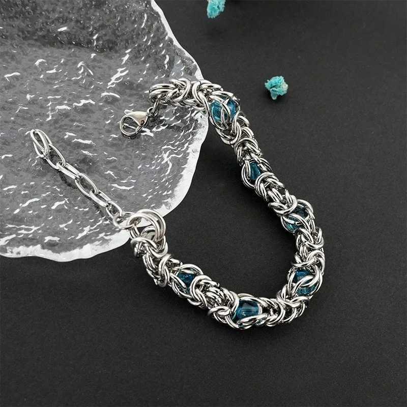 Mens Hip Hop Blue Beads Stainless Steel Chain for Men M251213