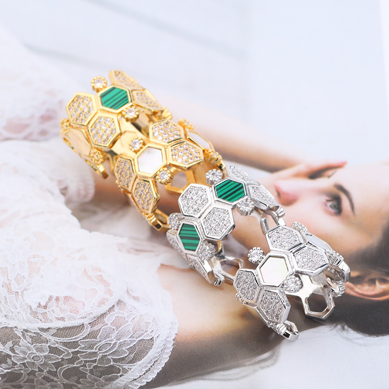 Creative Hexagonal Honeycomb Bracelet Ring Set Fashionable Personalized Inlaid Mother-of-Pearl Hand Jewelry