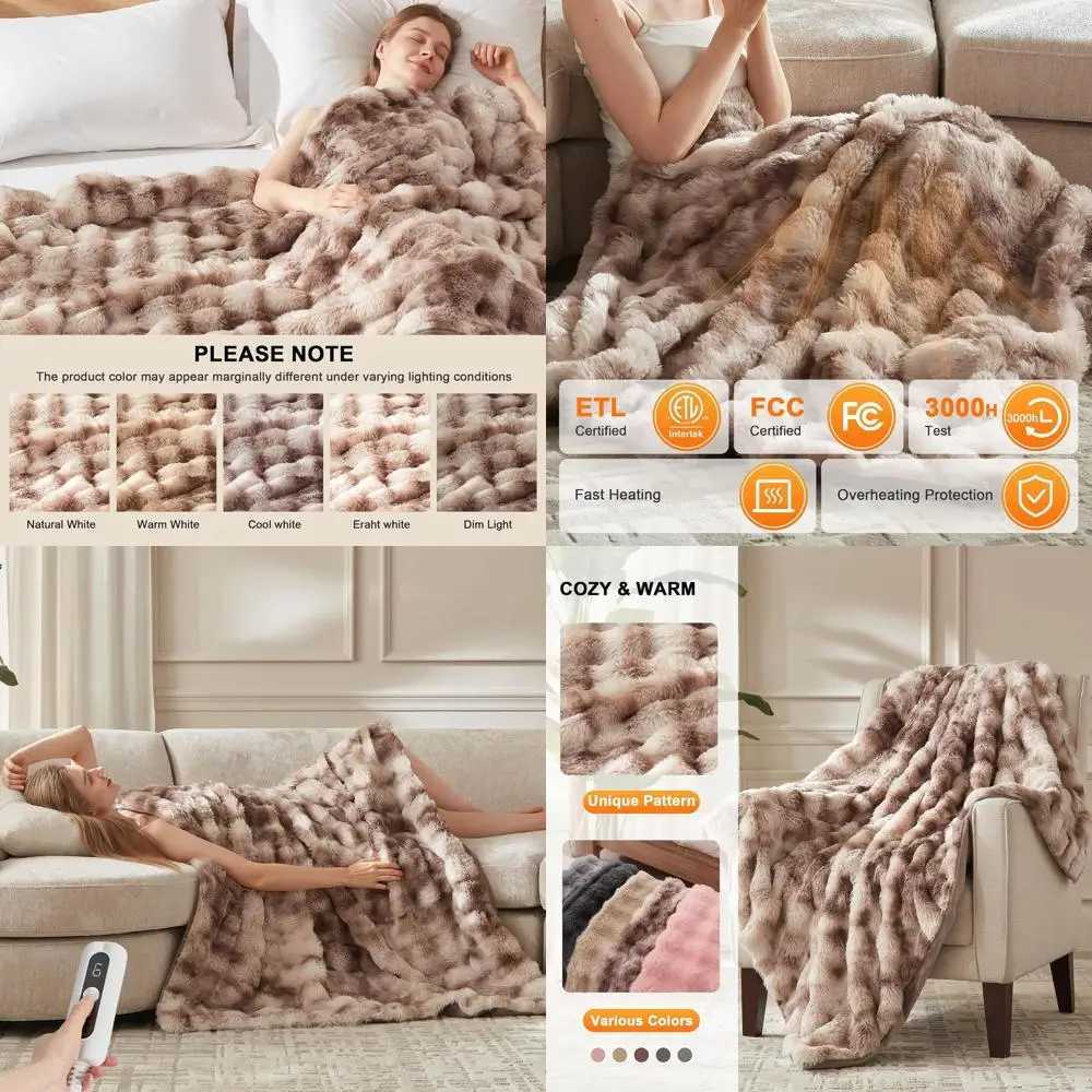 Twin Size Plush Bubble Faux Fur Electric Blanket with 6 Heat Settings and 10-Hour Auto-Off 62x84 Patterned Taupe Y251212