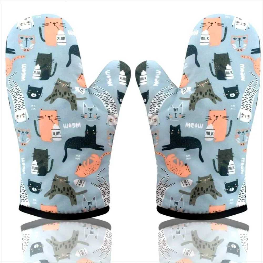 Cute Cat Pattern Cotton Oven Gloves Double Thick Heat Resistant Anti-scaldke Suitable Cooking Oven Barbecue Pot Holders Gloves H251212
