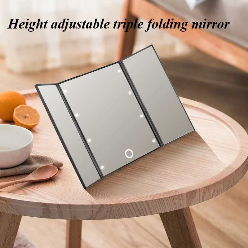 Triple Told Folding Makeup Mirror LED Lampstand Vanity Mirror Supports Dry Battery Charging Square Adjustable Angles MirrorT251213