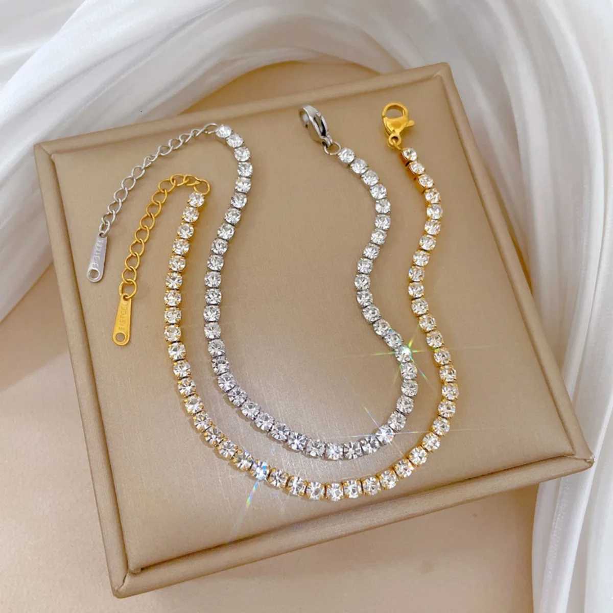 All Stainless Steel Shiny Zircon Tennis Chain s for Women Girls Luxury Bangle Hand Accessories Jewelry Gifts for Friends M251213