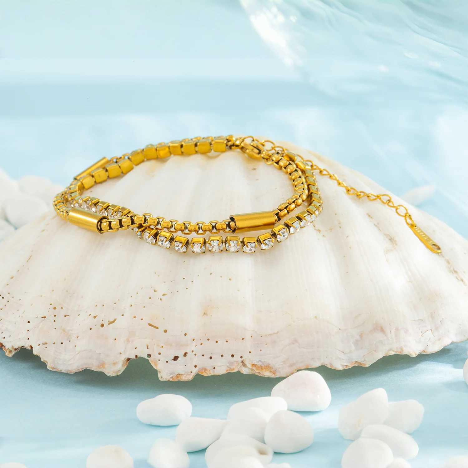 New Fashion Creative Double Layer Stacking CZ Inlaid Stainless Steel Chain Jewelry for Women Hypoallergenic Rustproof M251213