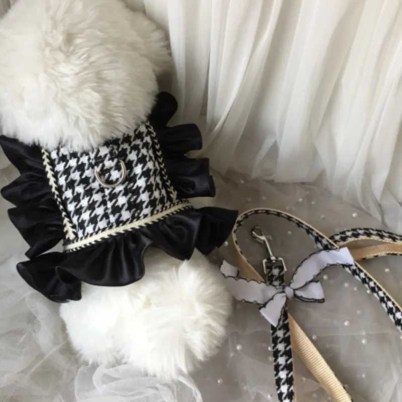 Pet Plaid Chest Back Traction Rope Bow Ruffles Chest Back Strap Dog Outgoing Chest Back Clothes Small Medium Dog Cat Harness M251213